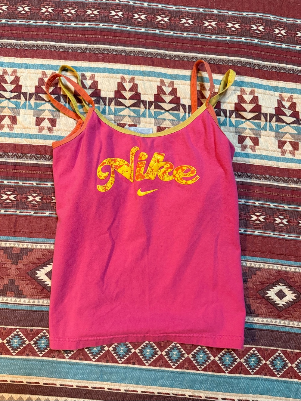 Vintage Nike Pink Tank Top with Yellow Trim and Orange Straps size small